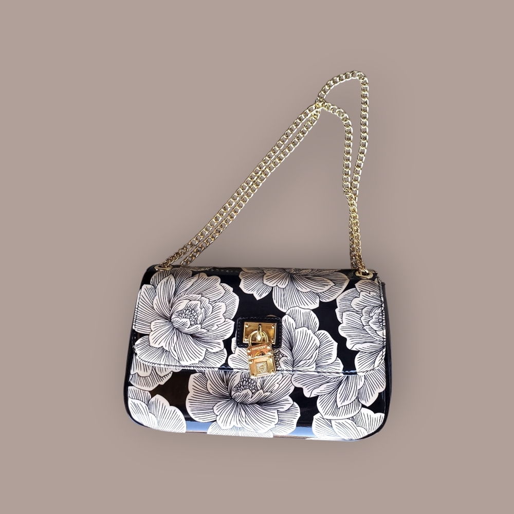 Anne Klein Floral Black and Off-White Chain Shoulder Bag